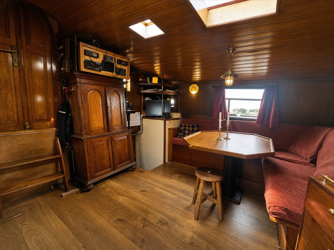 The skipper's saloon with an octagonal table, candlesticks, a red bench and a cupboard topped with marine radios