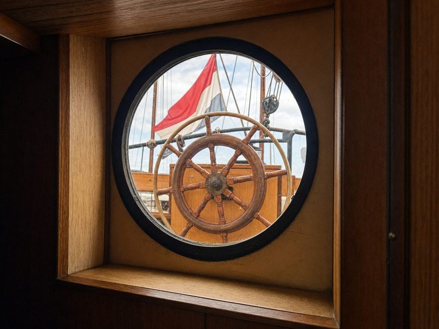 The ship's wooden wheel and a Dutch flag seen through a brass porthole